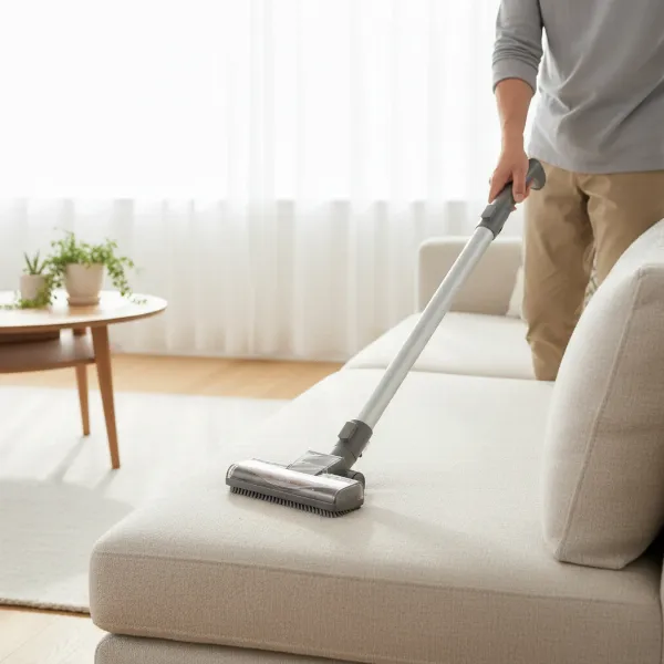 A person demonstrating effective use of a vacuum upholstery attachment to clean a sofa, showcasing proper technique