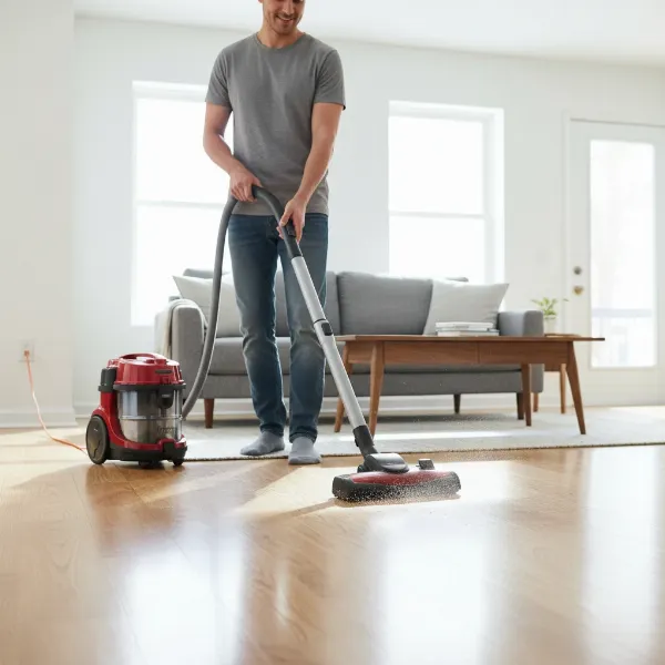 A person using a compact corded canister vacuum to clean hard floors in a home setting.