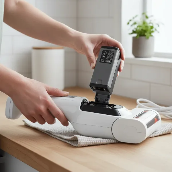 Person carefully removing a rechargeable battery from a cordless vacuum cleaner for separate recycling.