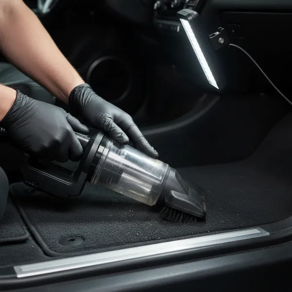 Professional detailer using a specialized vacuum attachment to meticulously clean car interior carpet and floorboards.
