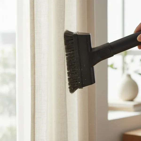 A vacuum cleaner's soft brush attachment being used with gentle vertical strokes on a draped curtain.