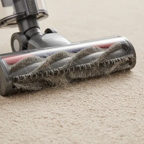 Close-up of Proscenic P12 anti-tangle roller brush picking up pet hair on a carpet.