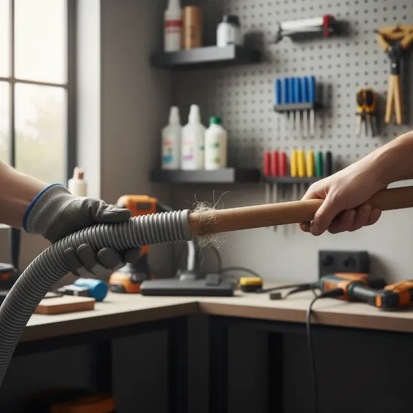 Hands using a broomstick to gently push a clog out of a flexible vacuum cleaner hose.