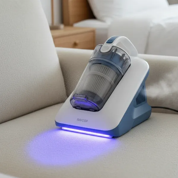 Raycop RS2 demonstrating UV sanitization and HEPA filtration on a fabric surface.