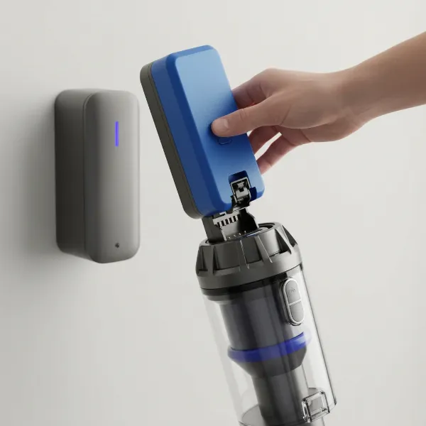 Hand removing a rechargeable battery from a cordless stick vacuum for independent charging.