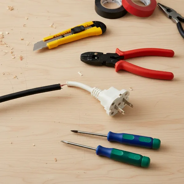 Image showing essential tools for replacing a vacuum cleaner plug and a new replacement plug.