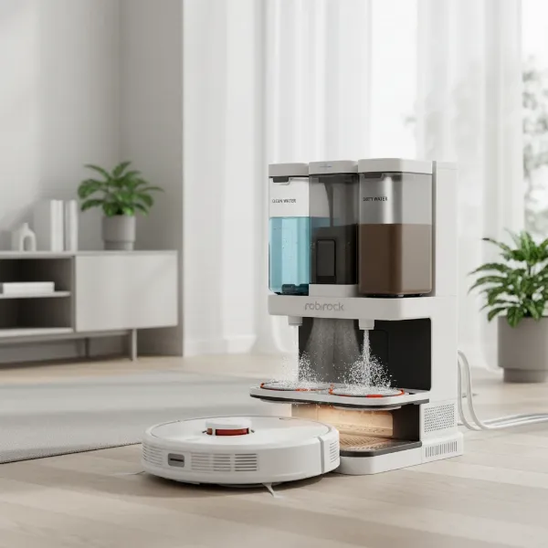 Roborock Q Revo robot docked in its intelligent self-cleaning station, showcasing automated maintenance.