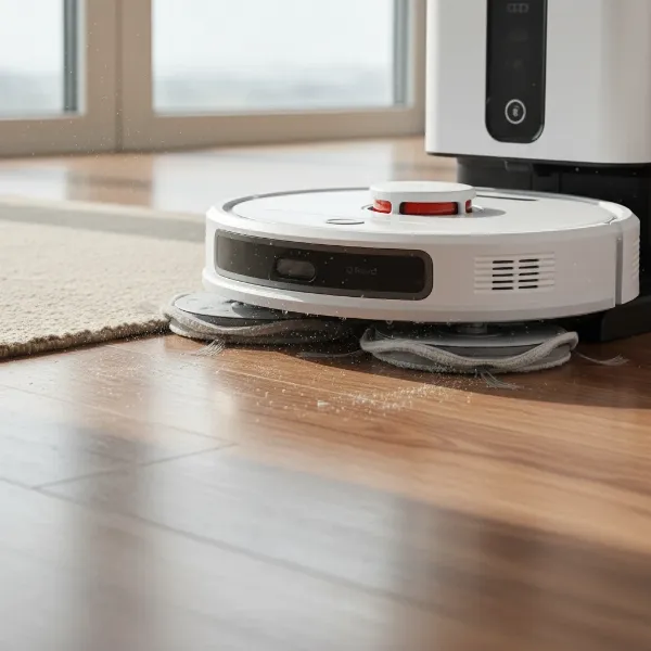 Roborock Q Revo's rotating mop pads cleaning hard floor, demonstrating auto-lift mechanism effectiveness.