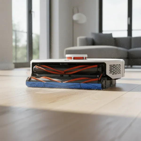 Roborock S8 Pro Ultra robot vacuum cleaning hard floor, showing dual brushes and activated mop.