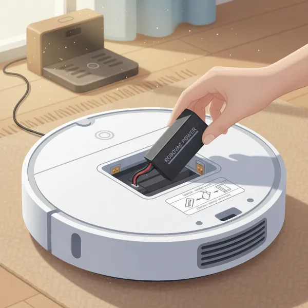 Illustrating proper battery care for a robot vacuum, showing the battery compartment.