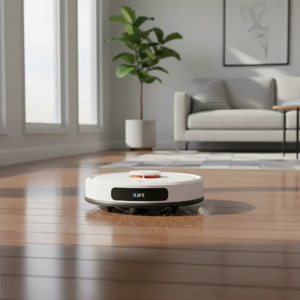 ILIFE V3s Pro robot vacuum efficiently cleaning pet hair on a pristine hardwood floor.
