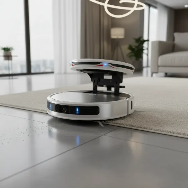 A robot vacuum with a retractable mop lifting over a carpeted area.