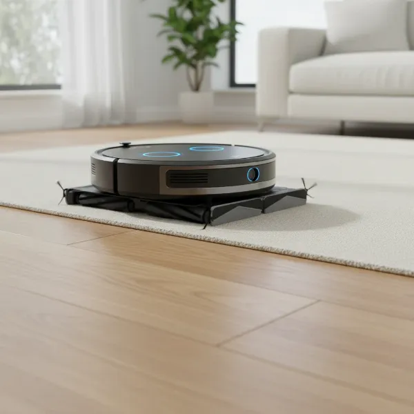 robot vacuum transitioning from hard floor to carpet, lifting mop