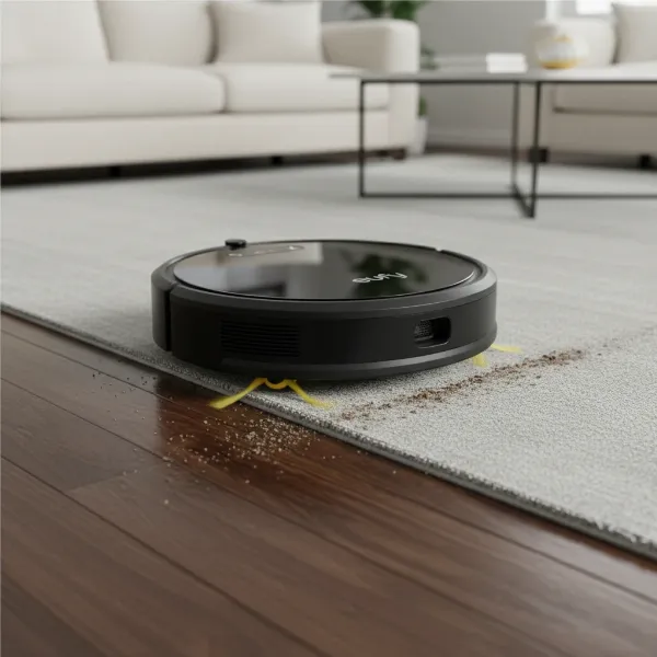 Eufy RoboVac 11S robot vacuum transitioning from hard floor to a low-pile carpet while cleaning.