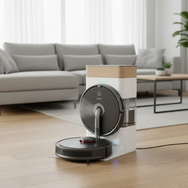 iRobot Roomba Combo j9+ docked, with Clean Base auto-emptying and refilling water.