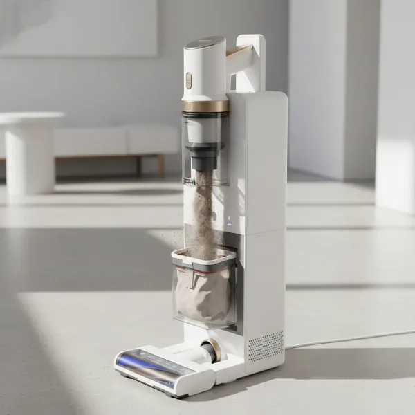 Samsung Bespoke Jet All-in-One Clean Station emptying dustbin hands-free with dust bag inside.