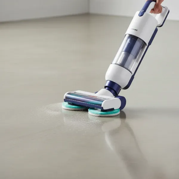Samsung Bespoke Jet with Spray Spinning Sweeper attachment mopping a hard floor, rotating pads.