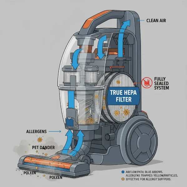 Illustration of a vacuum's sealed system with HEPA filter trapping allergens, ensuring clean air exhaust.