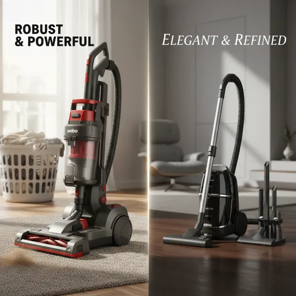 Visual comparison of Sebo and Miele vacuum cleaners, highlighting durability and luxury.