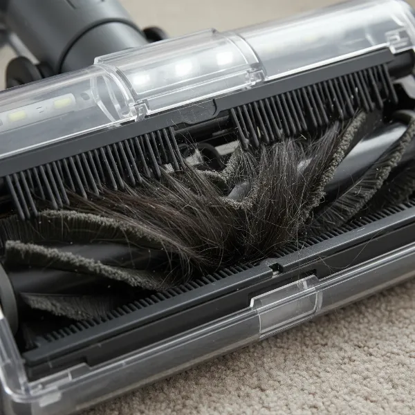 Close-up of a vacuum cleaner's self-cleaning brush roll mechanism with comb-like structures removing hair.