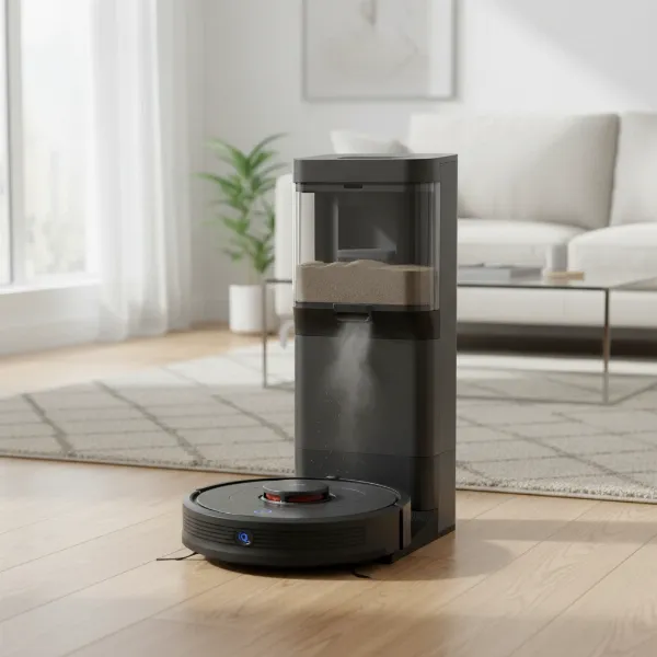 Shark IQ robot vacuum docked in its self-empty base, emptying debris.