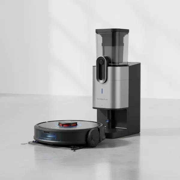 A Shark Matrix Plus 2-in-1 robot vacuum and mop, with its self-emptying base.