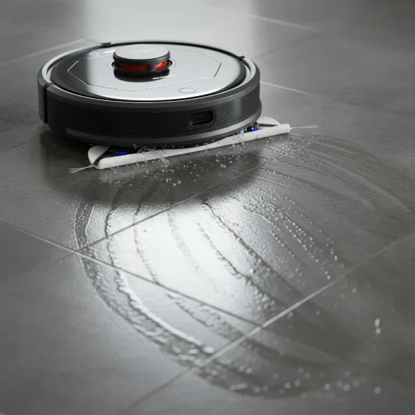 Shark robot vacuum mopping a hard floor, showing wet trails from its sonic mopping pad.