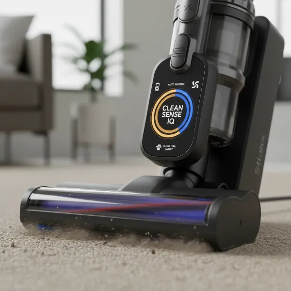 Shark Stratos vacuum LED display showing Clean Sense IQ dirt detection and power adjustment