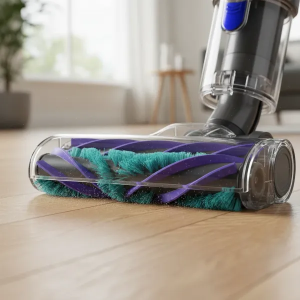 Close-up of Shark Vertex DuoClean PowerFins brushroll, showing soft front roller and spiral fins.