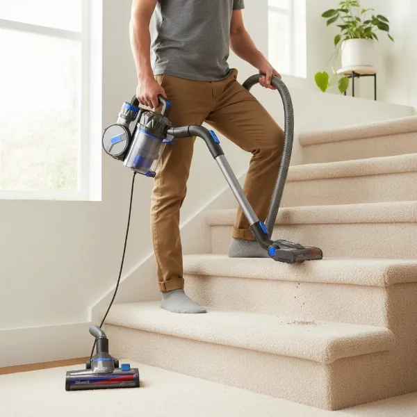 Person cleaning stairs with Shark Vertex in Lift-Away mode, using a handheld attachment.