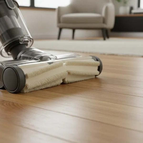 Close-up of soft roller brush head and rubber wheels on a hardwood vacuum.