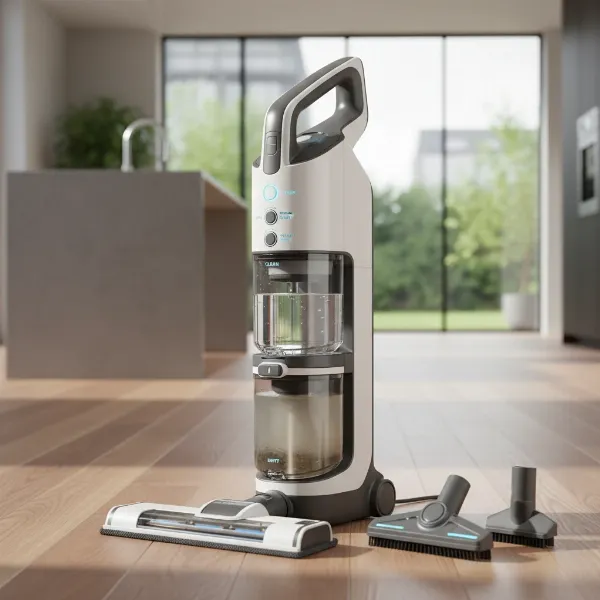 Close-up of a steam vacuum combo highlighting different features like water tanks and controls