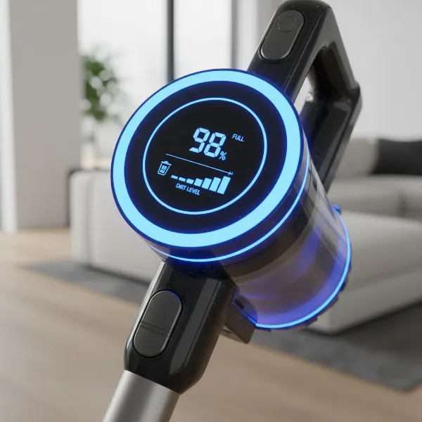 Close-up of Tineco Pure One S15 LCD display showing iLoop sensor light ring.