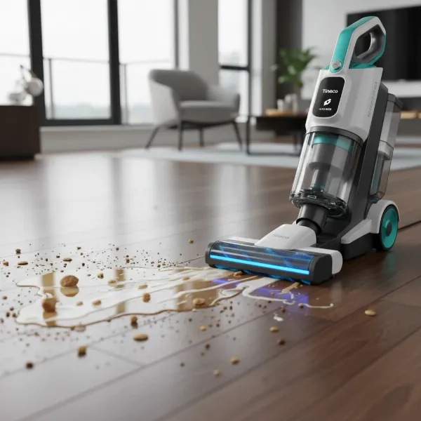 Tineco Floor One S7 Pro cleaning a hardwood floor, removing wet and dry messes.