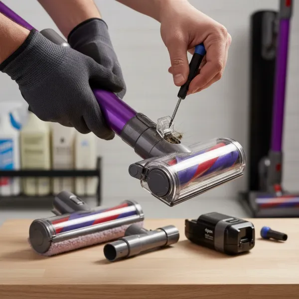 Person actively cleaning and inspecting a Dyson vacuum cleaner for blockages and dirty parts.
