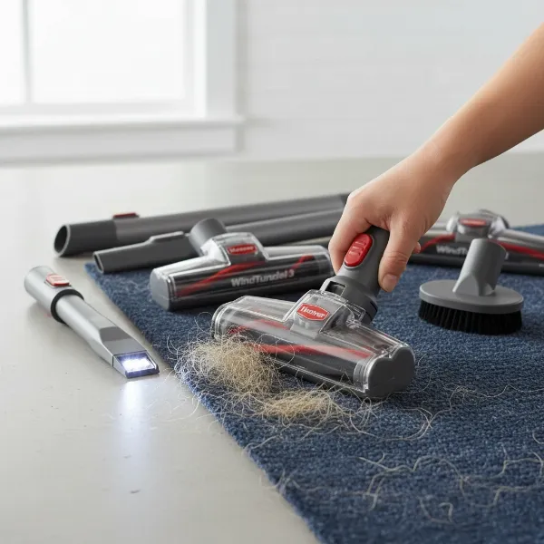 Various Hoover WindTunnel 3 vacuum attachments, including a turbo tool, crevice tool, and dusting brush.