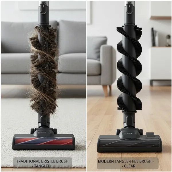 Illustration of a traditional vacuum brush roll tangled with long hair next to a clean, tangle-free design.