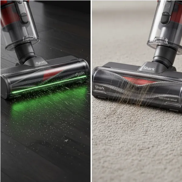 Visual representation of Dyson's laser dust detection and Shark's anti-hair wrap brush roll technology.