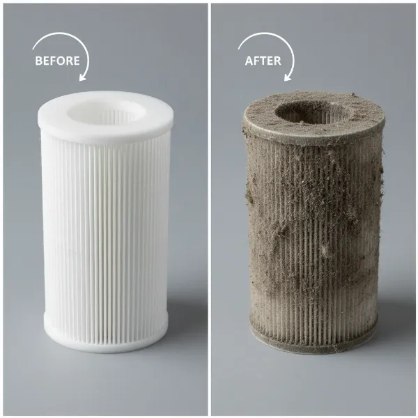 Visual comparison of a clean vacuum filter and a heavily clogged, dirty one.