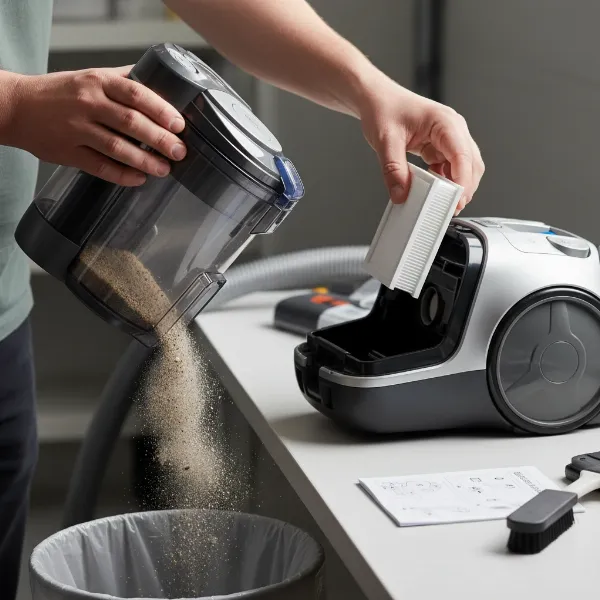 A person performing routine maintenance on a vacuum cleaner, including emptying the dustbin and cleaning filters.