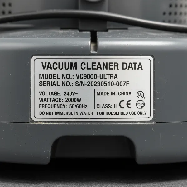 Close-up of a vacuum cleaner information sticker showing model and serial numbers