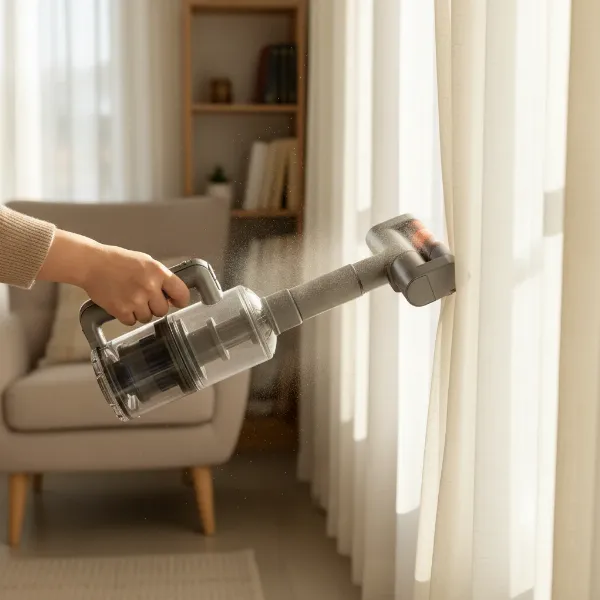 A person gently vacuuming a light-colored delicate curtain with a soft brush attachment.