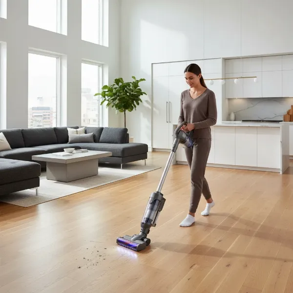 A person effortlessly using a lightweight cordless stick vacuum to clean a floor, demonstrating its mobility.