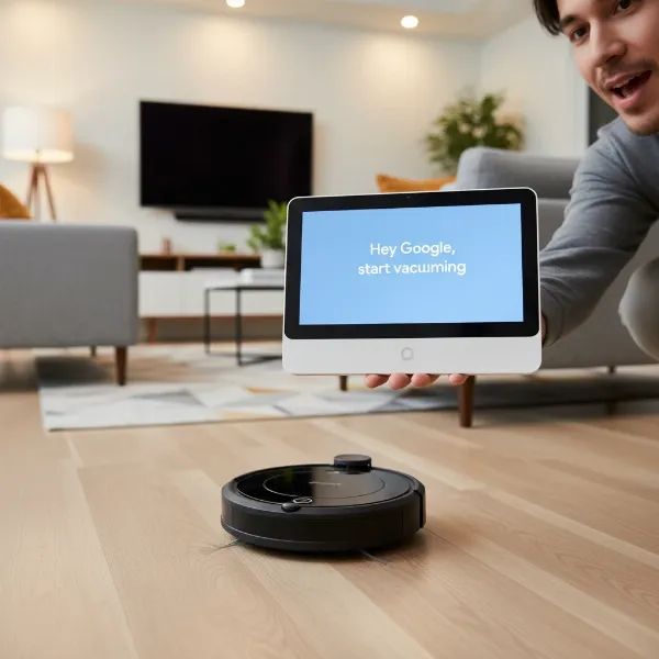 Person using Google Home to voice control a robot vacuum cleaner in their living room.