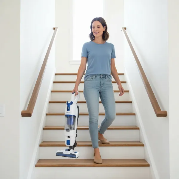 Woman effortlessly carrying a Riccar Supralite vacuum up a flight of stairs, highlighting its lightweight design.