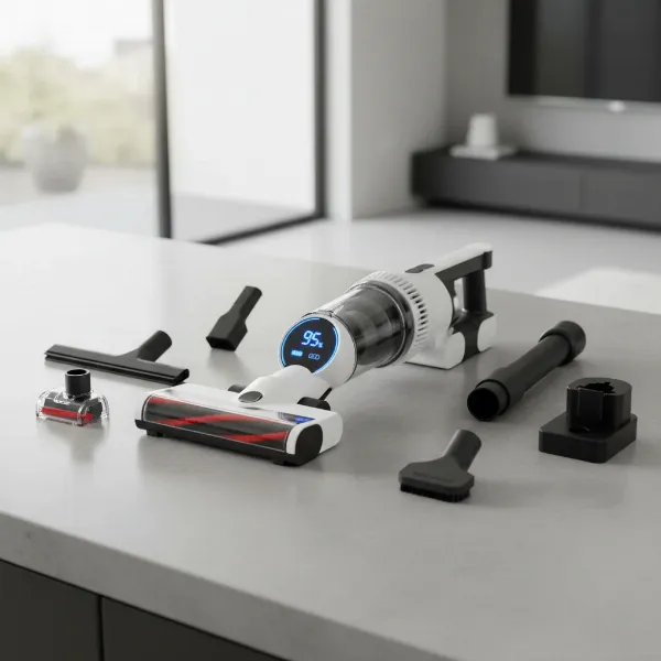 Wyze Cordless Vacuum with various attachments and its clear LED display visible.