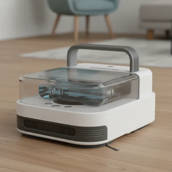 Close-up of Yeedi Cube robot vacuum's unique flat design and onboard water tank